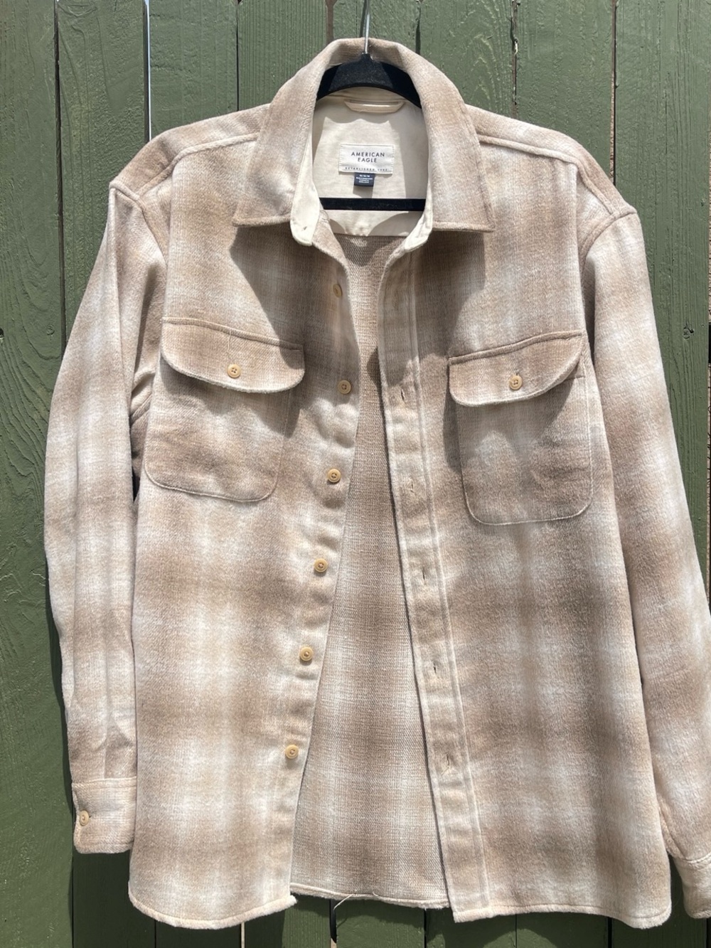 American Eagle Cream and Beige Plaid Button-Up Shacket